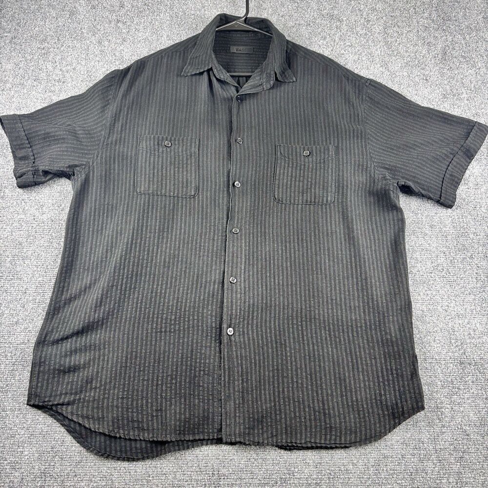 Vass Mens Shirt Black Stripe Short Sleeve Pocket Button Up